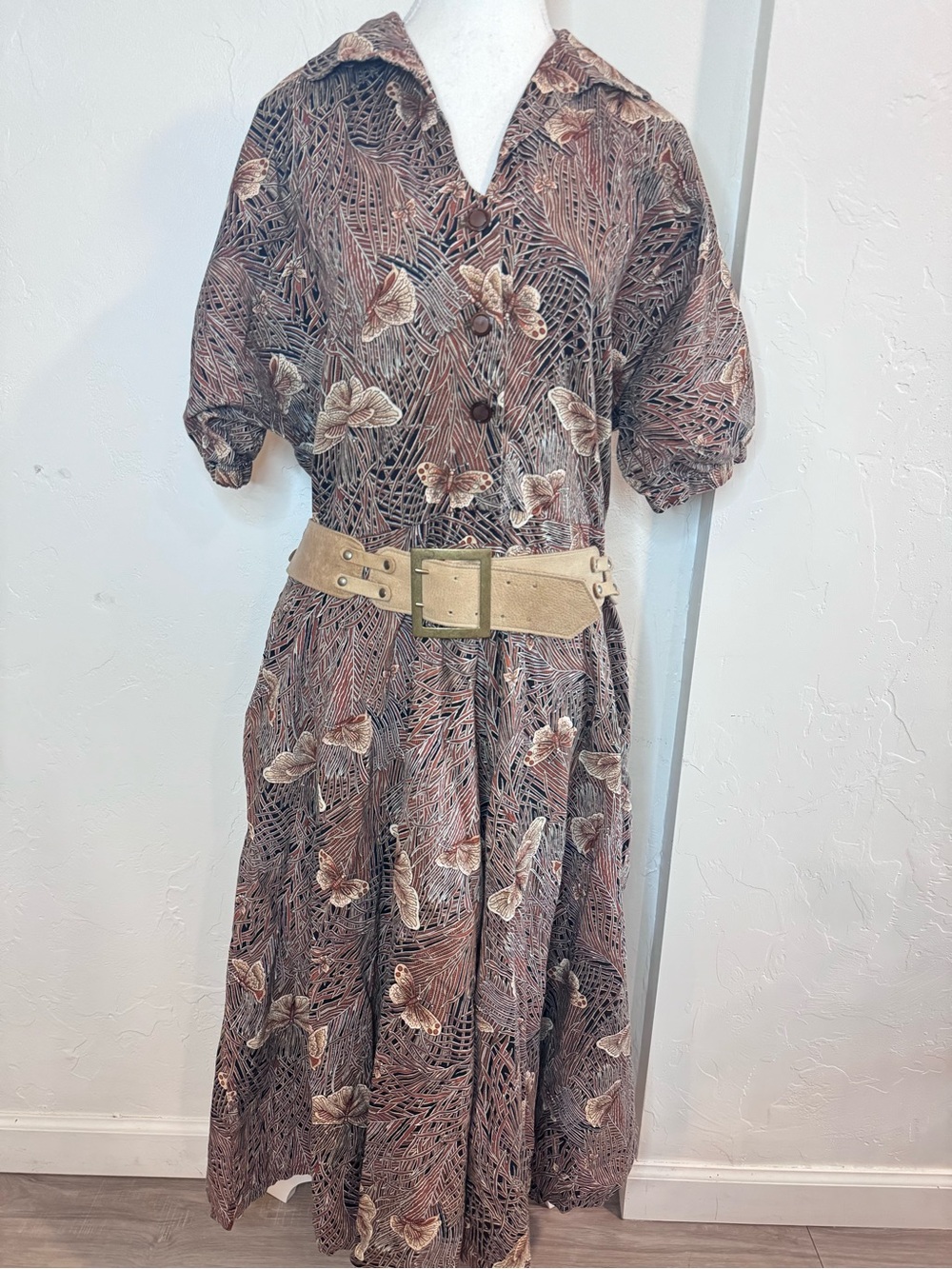 Vintage Butterfly Print Button Front Midi Dress Boho Cottagecore